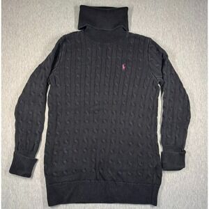 Ralph Lauren Sport Black Cable Knit Turtleneck Sweater Pink Pony‎ Size L